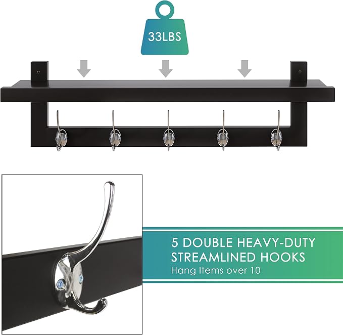 SMIBUY Coat Hooks with Shelf Wall-Mounted, 29.2 Inch Entryway Coat Rack for Wall, Bamboo Hanging Shelf with 5 Double Metal Hooks for Bathroom, Bedroom, Kitchen, Living Room, Mudroom (Black+Silver) - Image 6