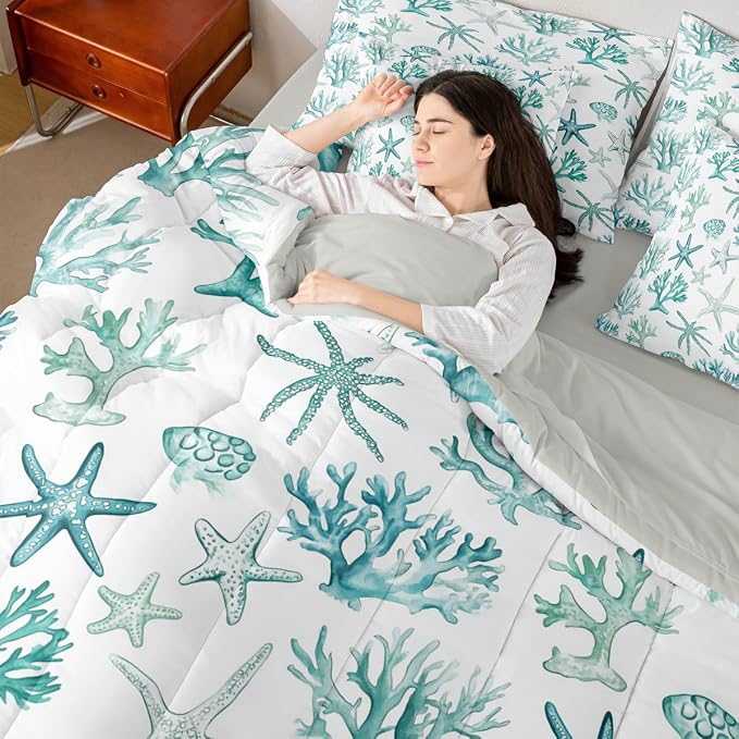 Erosebridal Shell Coral Starfish Comforter Set with Sheets, Summer Coastal King Bed in A Bag, Beach Nautical 7-Piece Bedding Set for Kids Boys Girls Teens Adults Bedroom Decor, Ocean Life Bed Sets - Image 7