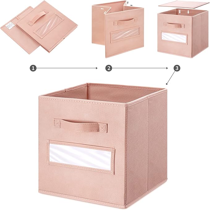 11 Inch Storage Cube,Storage bin,cube storage (Set of 10) Foldable Fabric Cube Storage Bins with 10 Labels Window Cards & a Pen,Baskets Containers for Shelves,Closet Organizers Box,Pink - Image 4