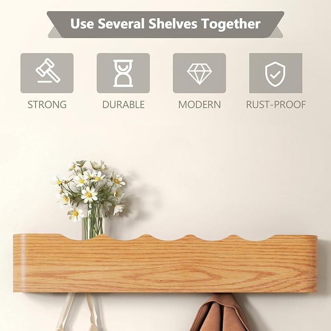 Wall Mounted Coat Rack with Shelf, Wooden Entryway Organizer with Hidden Metal Hooks for Hanging Coats Bags Keys, Modern Floating Shelf for Hallway Bathroom - Image 7