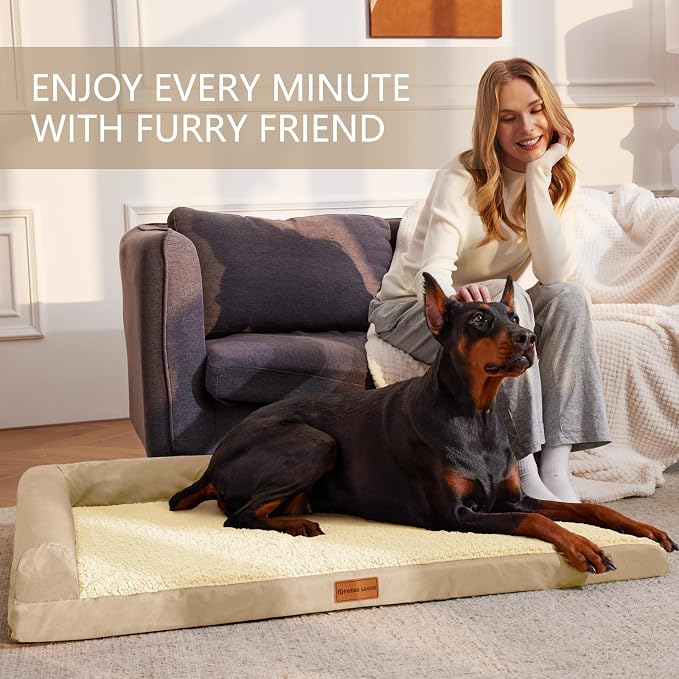 Patas Lague Orthopedic Large Dog Bed Pet Sofa Beds 42''X28''Beige | L Bolster Egg-Crate Foam Dog Couch For Large Sized Dogs, Waterproof Removable Washable Cover, Pet Mat with Nonskid Bottom - Image 2