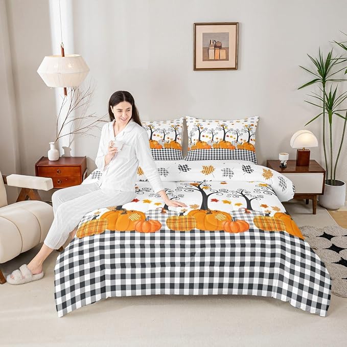 Fall Pumpkin Comforter Set Full Size,Kids Girls Home/Cottage Decor,Black White Plaid Halloween Bedding Set,Maple Trees Autumn Harvest Down Comforter,Rustic Farmhouse Duvet Insert,3pcs,2 Pillowcases - Image 5