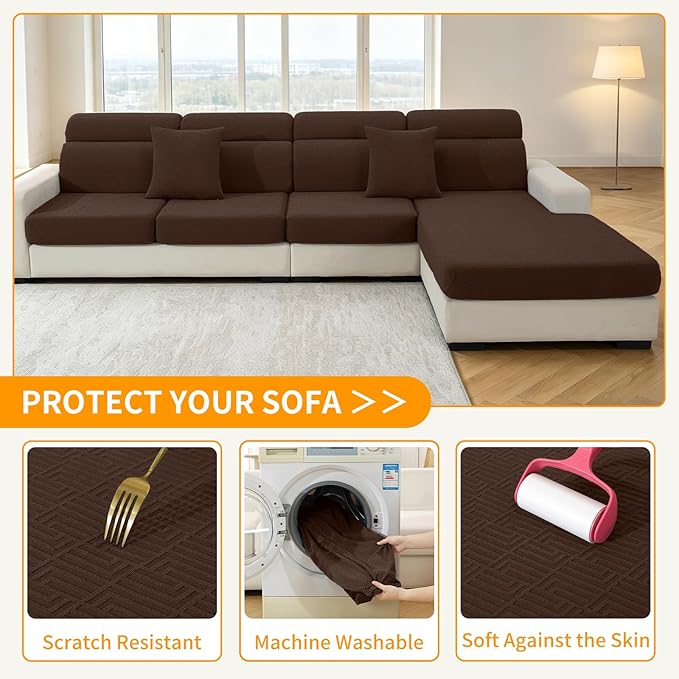 XINEAGE Large Couch Cushion Covers Seat Cushion Cover Thick Stretch Sofa Slipcovers 2 Piece Individual Couch Covers with Elastic Bottom(2 XL Seat Cushion/Backrest,Coffee) - Image 6