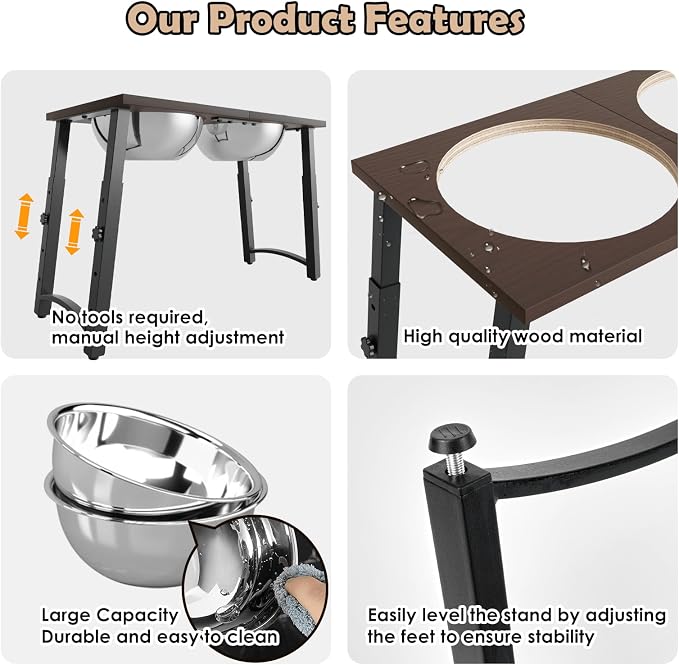 Elevated Dog Bowls for Large and X-Large Dogs, with Spill Proof Mat, 4 Heights Adjustable Wood Raised Dog Bowl Stand with Two Stainless Steel Food and Water Bowls, Non-Slip - Image 5