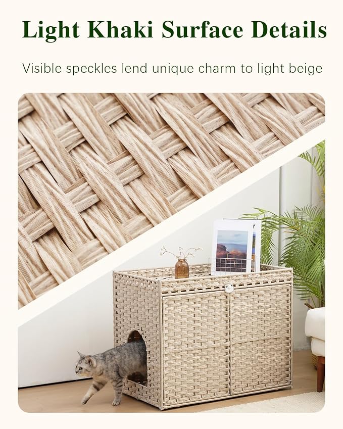 SETVSON Cat Litter Box Enclosure Furniture, Hidden Litter Box, Cat Litter Box Cabinet with 2 Litter Mats, Handwoven Rattan Large Space Cat House Indoor, Living Room, Bedroom, Apartment Light Khaki - Image 3