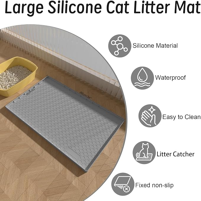 Silicone Large Cat Litter Mat 34" X 22", Cat Mat for Litter Box, Cats Litter Trapping Mats with Raised Edges, Non-Slip and Urine Waterproof Surface, Gray - Image 2