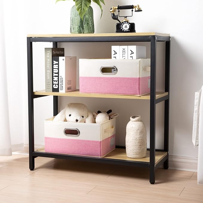PRANDOM Large Collapsible Storage Baskets for Closet [3-pack] Decorative Fabric Storage Bins Cubes with Leather/Metal Handles for Shelves Bedroom Living Room Pink&Cream (14.9x9.8x8.3 Inch) - Image 2