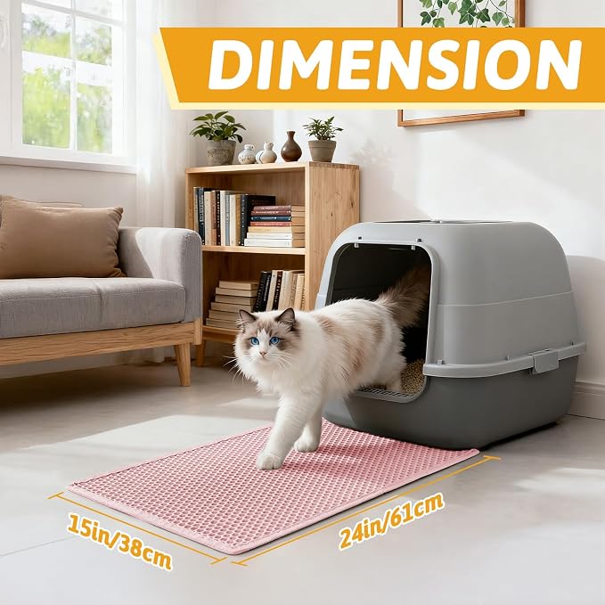 Pieviev Cat Litter Mat, Double-Layer Waterproof Litter Trap, 24" x 15" Pink | Honeycomb Design Catches Scattered Particles to Stop Tracking, Urineproof Base Protects Floors, Easy to Clean - Image 2