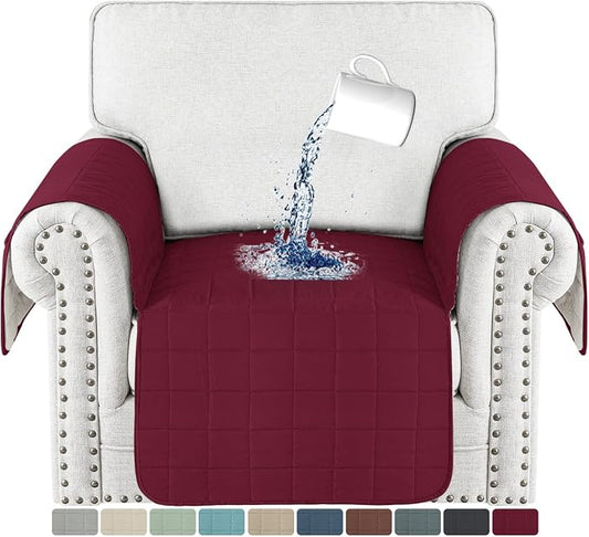 MAXIJIN Waterproof Chair Cover for Dogs Washable, Quilted Chair Seat Cover Sofa Slipcover for Armchair with Side Pockets, Non-Slip Furniture Protector for Pets Kids (Chair, Wine Red) by MAXIJIN