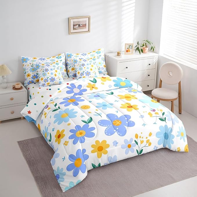 Feelyou Cute Flower 7 Piece Bedding Set Twin Size Kids Cartoon Cute Floral Bed in a Bag for Girls Teens Blue Yellow Comforter Set with Sheets Kawaii Bed Set - Image 6