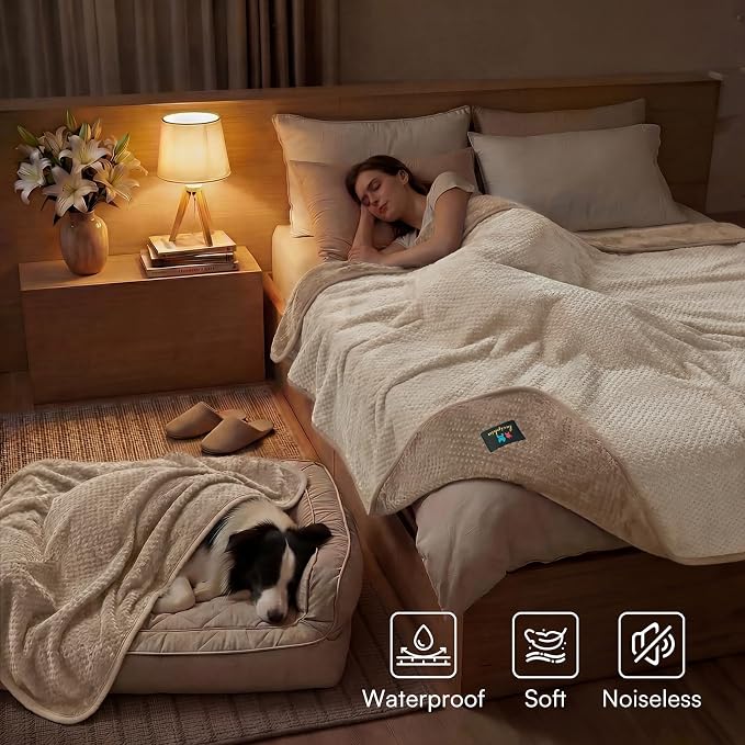 Luciphia Waterproof Blanket for Large Dog Ultra-Soft & Calming Pet Throw Reversible Warm Fleece Durable Furniture Crate Couch Bed Cover Protector Machine Washable Leakproof Beige L (65''x57'') - Image 3