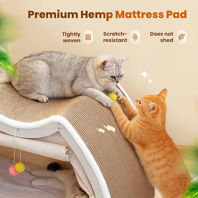 Cat Houses for Indoor Cats - Large Cat Bed Cave with Natural Sisal Cat Scratcher Mat, Solid Wood Frame Cat House with Curtains and Cat Floor Scratching Pad Rug, Protect Couch and Carpets, L - Image 2