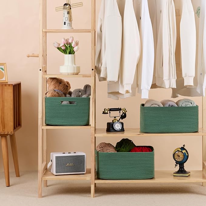 MiniArk Large Storage Baskets for Shelves, 17 x 13 x 7.5” Closet Organizers Bins for Clothes Blanket Towels, Baby Nursery, Toy Baskets Box, Woven Rope Baskets, 3 Packs Green - Image 3