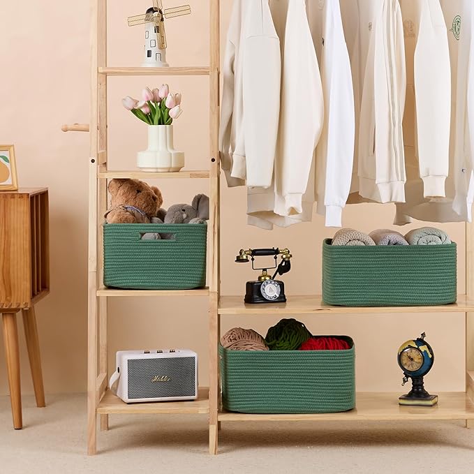 MiniArk Large Storage Baskets for Organizing, 17 x 13 x 7.5” Closet Shelf Baskets for Clothes Blanket Towels, Baby Nursery, Toy Bins Box, Woven Rope Baskets, 4 Packs Green - Image 3
