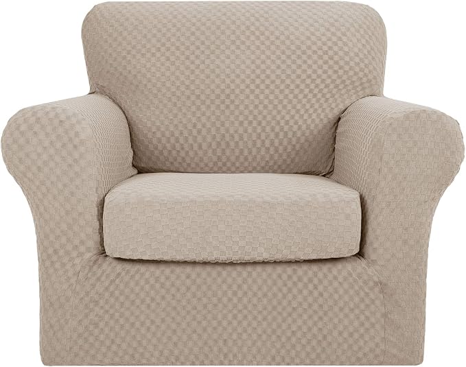 YEMYHOM Latest Checkered 2 Pieces Chair Covers for Living Room High Stretch Thickened Chair Slipcovers with Arms Anti Slip Elastic Armchair Sofa Couch Slipcover Protector (Khaki), 31"-46"(1 Cushion) by YEMYHOM