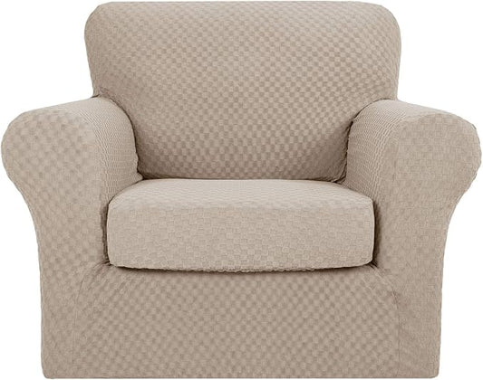 YEMYHOM Latest Checkered 2 Pieces Chair Covers for Living Room High Stretch Thickened Chair Slipcovers with Arms Anti Slip Elastic Armchair Sofa Couch Slipcover Protector (Khaki), 31"-46"(1 Cushion) by YEMYHOM