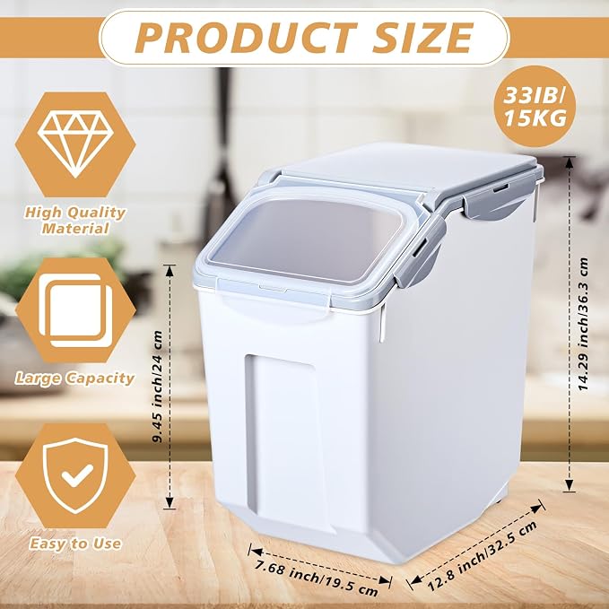Umigy 4 Pack Rice Storage Container With Wheels Plastic Airtight Lid Flour Container Bin for Dog Pet Cereal Grain Dry Food, 15 Liter / 30 lbs (Gray) - Image 2