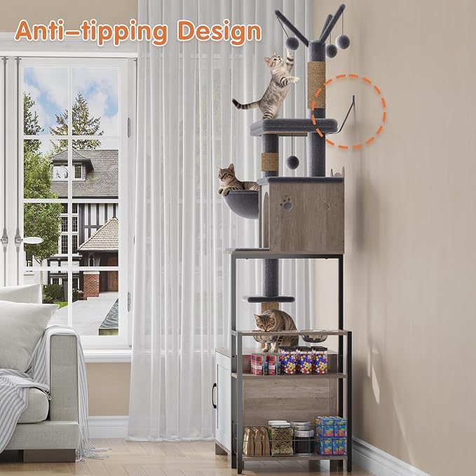 HavenlyYouth Cat Tree with Food Station and Litter Box Enclosure, Multi-Level Cat Tree Tower with Sisal Scratch Posts for Playtime, Plush Hammock in Gray for Cozy - Image 8