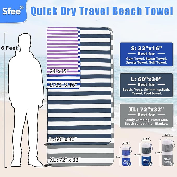 Sfee 2 in 1 Microfiber Beach Towel, Quick Dry Towel Camping Towel Travel Towel Super Absorbent Compact Lightweight Sports Gym Towels Set for Beach, Gym, Hiking, Pool, Backpacking, Bath, Yoga - Image 7