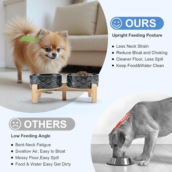 SPUNKYJUNKY Elevated Dog Bowls Ceramic, 5.1'' Dogs and Cat Food Water Bowls Raised with Non-Slip Bamboo Stand for Puppy Small Sized Breed Microwave Dishwasher Safe - 13.5 OZ,Paw Black - Image 3