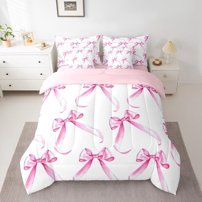 Erosebridal 7 Piece Bowknot Bedding Set King,Modern Pink Bow Tie Kids Comforter Set for Boys Girls,Dreamy Princess Style Quilt Set,Watercolor Bows Sheet Set Girly Valentine Decor - Image 2