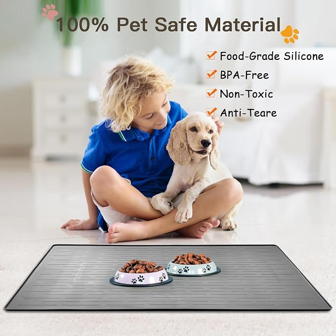 Largest Dog Food Mat, 48"x32" Silicone Dog and Cat Mat for Food and Water Bowls, Thinken Waterproof Non-Slip XXXL Pet Feeding Mat for Floors (Black) - Image 4