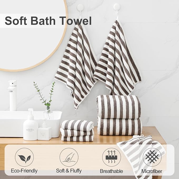Smuge 18 Pcs Bath Towel Set, Include 6 Bath Towel Sheets, 6 Hand Towels and 6 Washcloths - Highly Absorbent Quick Dry Microfiber,Ultra Soft Bathroom Towel Set with Hanging Loop - Dark Coffee - Image 3