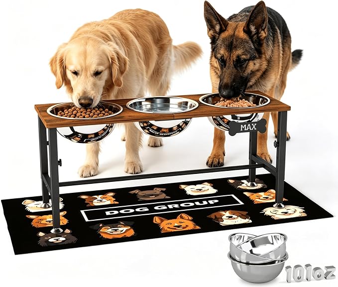 XXLarge Wooden Elevated Dog Bowl Stand – 4 Adjustable Heights (11.8"-17.7"), Wooden & Metal with 3 Stainless Steel Bowls & Splash Pad for Large & Extra Large Breeds by ADENGL
