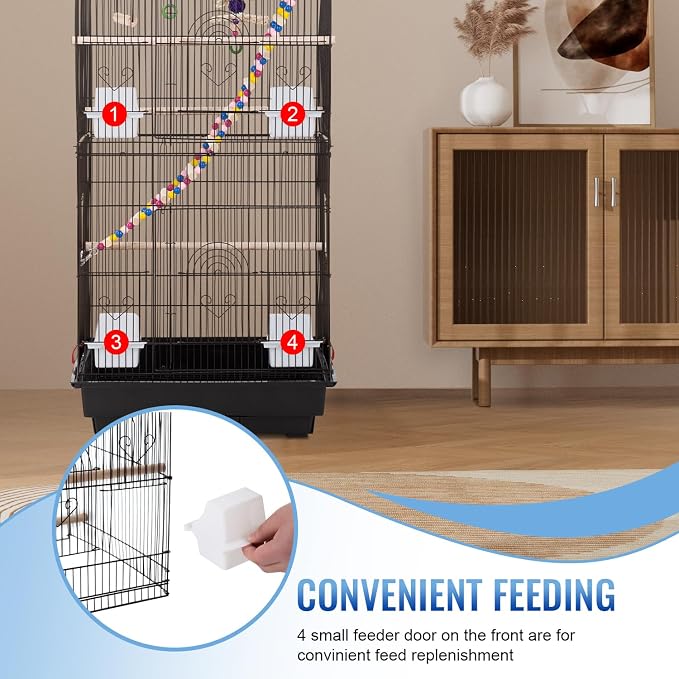 FDW 39 Inch Bird Cage Parakeet Cage with Play Top Rolling Stand & Easy Clean Pull-Out Tray Roof Top Parrot Cage for for Finches Canaries Parakeets Cockatiels & Other Small Birds, Black - Image 3