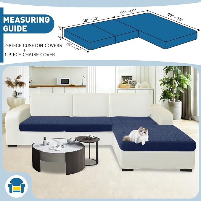 MAXIJIN Waterproof Sectional Couch Cover 3 Pieces Stretch Couch Cushion Covers for Sectional Sofa L Shape Seat Slipcovers with Elastic Bottom for Dogs Pets (2 Seater + 1 Chaise, Navy Blue) - Image 2