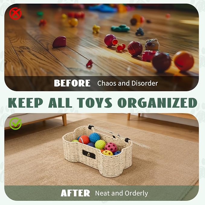 Bone Shaped Storage Basket Large Dog Toy Basket with Lid and Handles Dog Toy Bin Wicker Woven Bone Pet Organizer for Storing Frisbee Blankets Treats Pet Supplies - Image 6