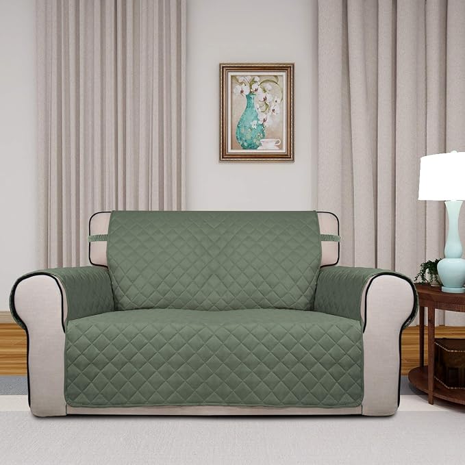 PureFit Reversible Quilted Couch Covers for Dogs Loveseat Sofa Cover 46.5” | Greyish Green/Beige, Water Resistant Couch Protector, Washable Pet Couch Cover with Non Slip and Elastic Straps For Kids - Image 2