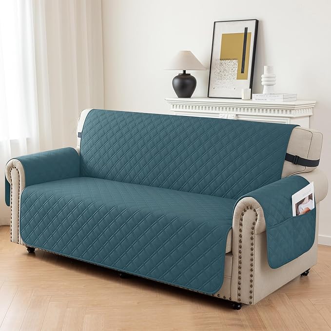 Waterproof Loveseat Covers for 2 Cushion Couch, Sofa Covers for Pets Washable with Side Pockets, Non Slip Couch Covers for Dogs, Dog Couch Cover with Elastic Straps (Loveseat, Dark Green) - Image 2