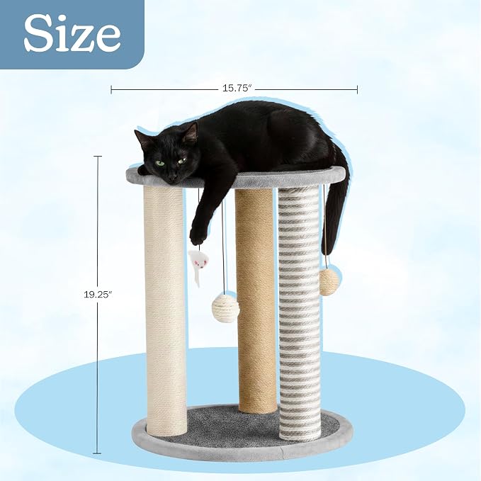 Cat Scratching Post - 3 Scratcher Posts with Carpeted Scratch Pad Base and Perch - Furniture Scratching Deterrent for Indoor Cats by PETMAKER (Gray) - Image 3