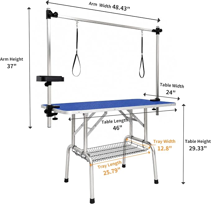 46'' Stainless Steel Dog Grooming Table, Foldable Pet Grooming Stand, Adjustable Arm, 2 Nooses & 2 Storage Baskets, Anti-Slip Top, Capacity, Medium Large Dog Cat Home Salon, Blue - Image 2