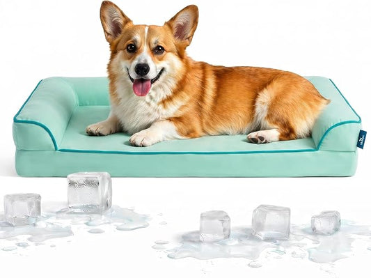 Cooling Dog Bed for Medium Dogs with Bolsters,Q-Max>0.45 Orthopedic Cool Pet Sofa Beds with Breathable Egg Crate Foam, Removable Washable Cover, Light Aqua by blunique