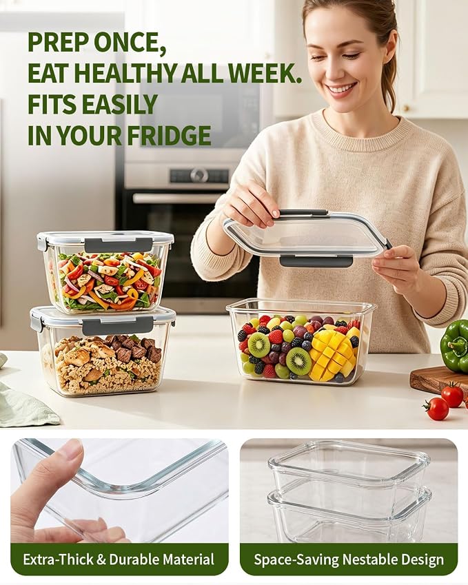 2 Pack 88oz/11 Cups Large Glass Storage Containers with Lids, High Borosilicate BPA Free Airtight Leakproof Meal Prep Containers for Microwave, Freezer & Dishwasher, Kitchen, Gym & Picnic,Baking - Image 2
