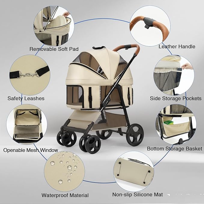 4 Wheels Pet Stroller for Small/Medium Dogs and Cats,Dog Stroller with Detachable Carrier and Storage Basket,One Click Folding, Compact Portable,Up to 50lbs,3 in1 Multifunctional(Grey)