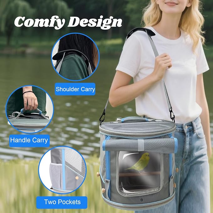 halinfer Bird Travel Carrier Cage for Small to Medium Size, Portable Parrot Parakeet Cockatile Conure Transport Cage with Clear Window and Fabric Shade, Round Carry Bird Bag - Image 5