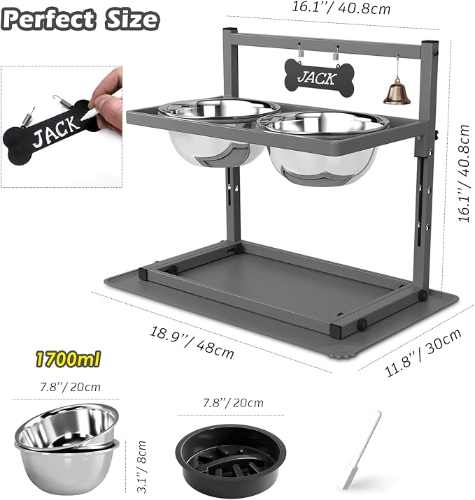 SHAINFUN Grey Raised Dog Bowl Stand with Two 1700ml Stainless Steel Food Bowl, a Slow Feeder and Silicone Pet Feeding Mat, Adjustable Dog Feeder, Elevated Dog Bowls for Large Medium and Small Dogs - Image 3