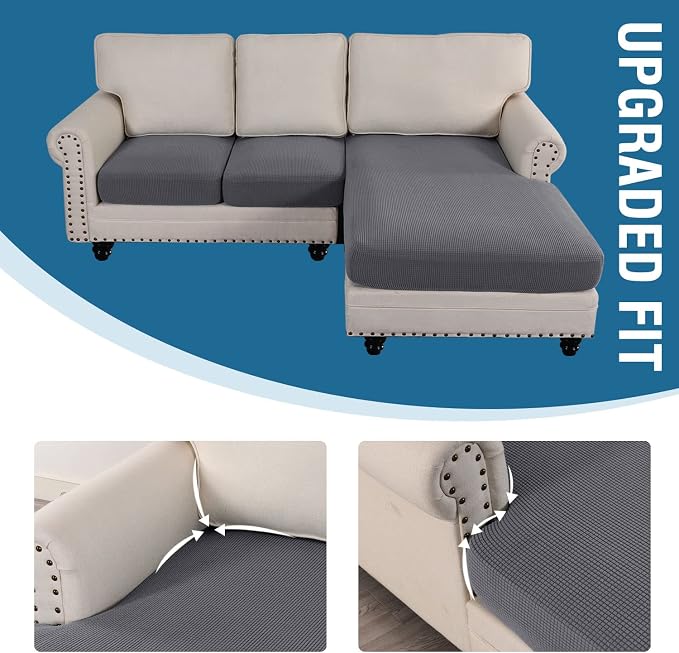 H.VERSAILTEX Sectional Couch Covers 3 Pieces Sofa Seat Cushion Covers L Shape Separate Cushion Couch Chaise Cover for Both Left/Right Sectional Couch (Seat Only: 1 Chaise + 2 Sofa, Grey) - Image 7