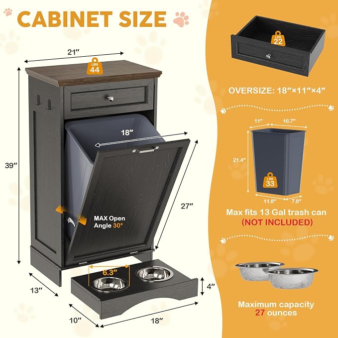 21’’W Dog Feeding Station with Storage, Tilt Out Dog Food Cabinet with Drawer, 2 Feeding Bowls, Pet Food Storage, Cat Feeding Station, Dogs Storage Organizer, (Black, Single Door) - Image 2