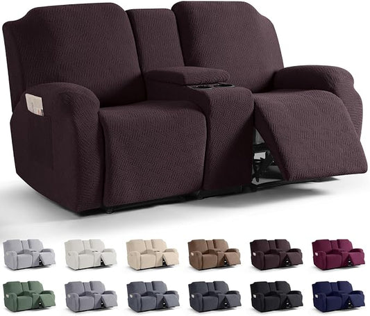 KinCam Loveseat Recliner Covers with Middle Console Slipcover, Dark Coffee | Stretch Recliner Sofa Covers for 2 Seat Couch Cover, Jacquard Furniture Protector Covers with Elastic Bottom for Kids, Pets by KinCam