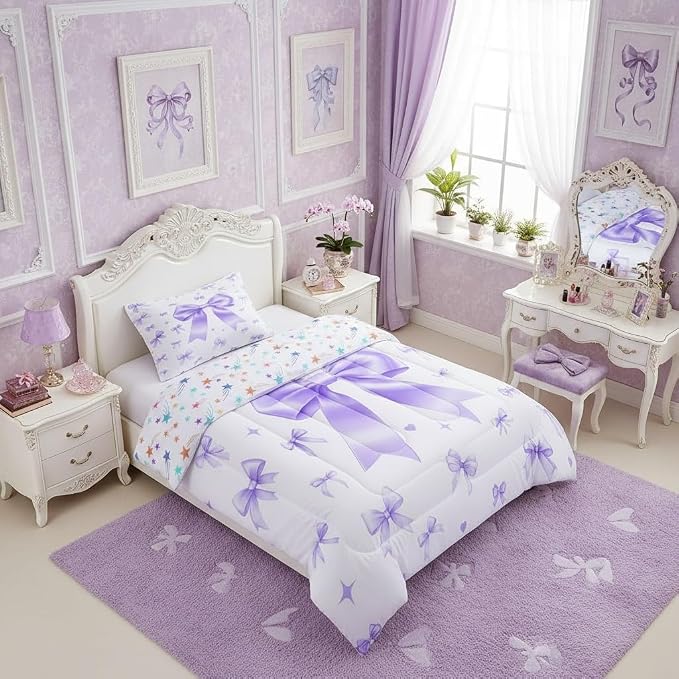 Manfei Purple Bowknot Comforter Set Toddler Size 2 Pcs,Cute Preppy Ribbon Bow Bedding Set,Preppy Trendy Kawaii Coquette Quilt Set for Child Bedroom,Duvet Insert,1 Pillowcase - Image 2
