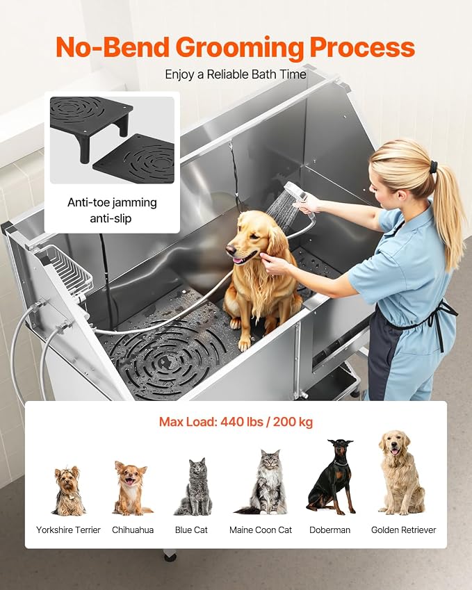 VEVOR Stainless Steel Dog Washing Station, 62 inch Pet Grooming Tub w/Stairs, PE Water Filter Board, Faucet & Showerhead & Soap Holder Dog Bathtub for Large & Medium & Small Pets (Right Door) - Image 4