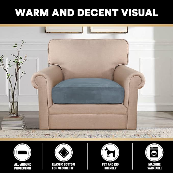 PrinceDeco Stretch Velvet Couch Cushion Cover,Soft Cushion Slipcover for Chair Cushion Fitted Sofa Cover Furniture Protector for Sectional Cushion Cover (Width Up to 29.5", Stone Blue) - Image 3