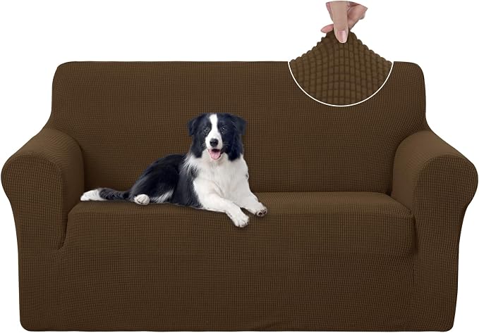 U-NICE HOME Loveseat Cover Stretch Couch Cover Sofa Slipcover, Brown | 2 Cushion Sofa, 1-Piece Sofa cover, Washable, Pet friendly, Furniture protector, Polyester Spandex Jacquard fabric by U-NICEHOME