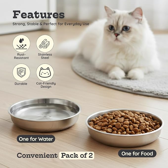 Stainless Steel Cat Food Bowl, 16 oz / 2 Cup Each, Heavy Duty Double Wall Insulated, Shallow Whisker-Friendly Design, Non-Slip Flat Base Dish for Cats & Kittens, D/W Safe (Pack of 2) - Image 3