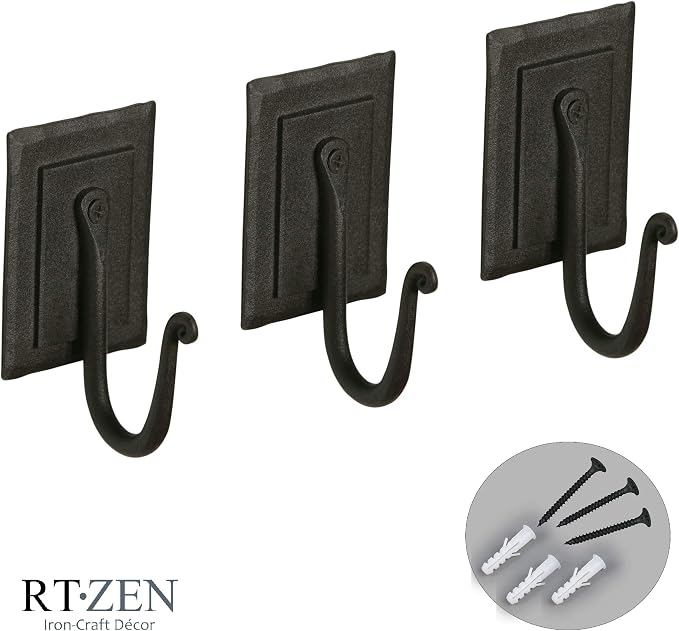 RTZEN Wall Mount Hook Set - Wrought Iron Decorative Rustic Metal Coat Hooks for Hanging - Handcrafted Classic Farmhouse Wall Mounted Black Hooks for Towel Robe or Hat Hanging - 3 Pack - Image 3