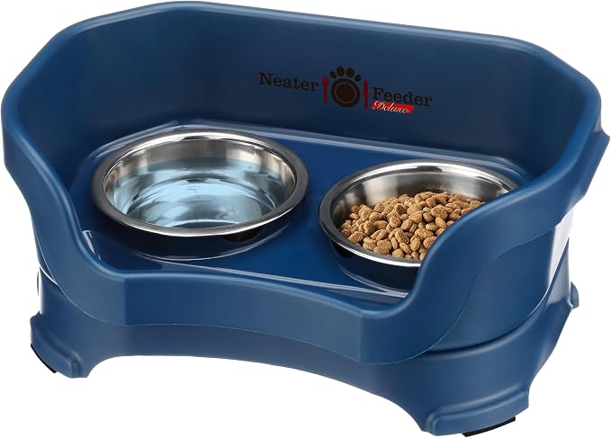 Neater Pet Brands Neater Feeder Deluxe Mess Proof Cat Bowls Elevated, Made in USA, No Spill Raised Bowls for Indoor Cats, Stainless Steel Food and Water Bowl Set, Pet Dish Feeding Station, Dark Blue by NeaterPetBrands